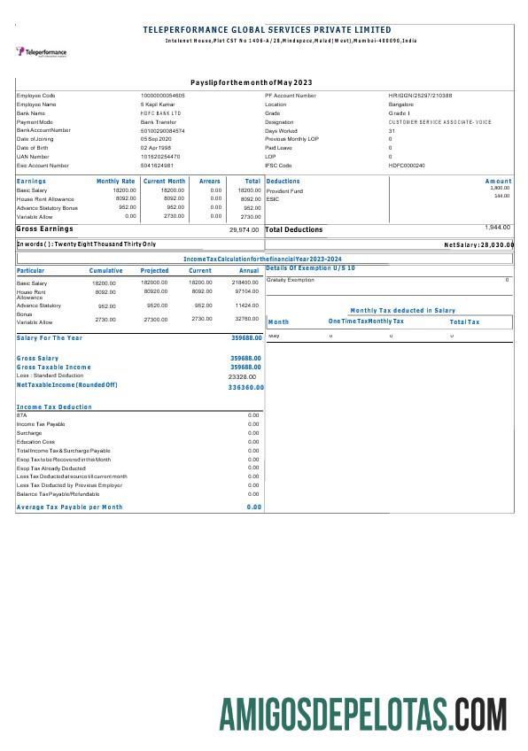 Comprovante de pagamento de serviços globais da Teleperformance exemplo real